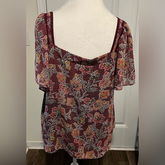 Loft Burgundy Paisley Floral Flutter Sleeve Blouse Square Neck Size XXL - Picture 10 of 12